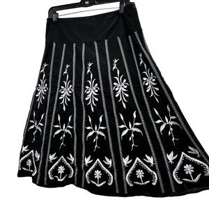 Dialogue Midi Skirt 10 Black White Embroidered Lined Elastic Waist Boho Cottage